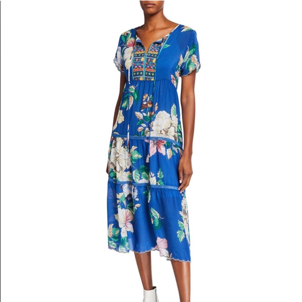 Johnny Was Blue‎ Flutter Sleeve Casual Midi Dress Floral Colorful Beach Travel